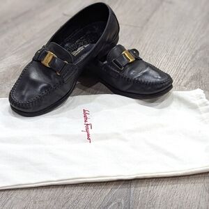 Men's Ferragamo Black Loafers with Gold Buckles